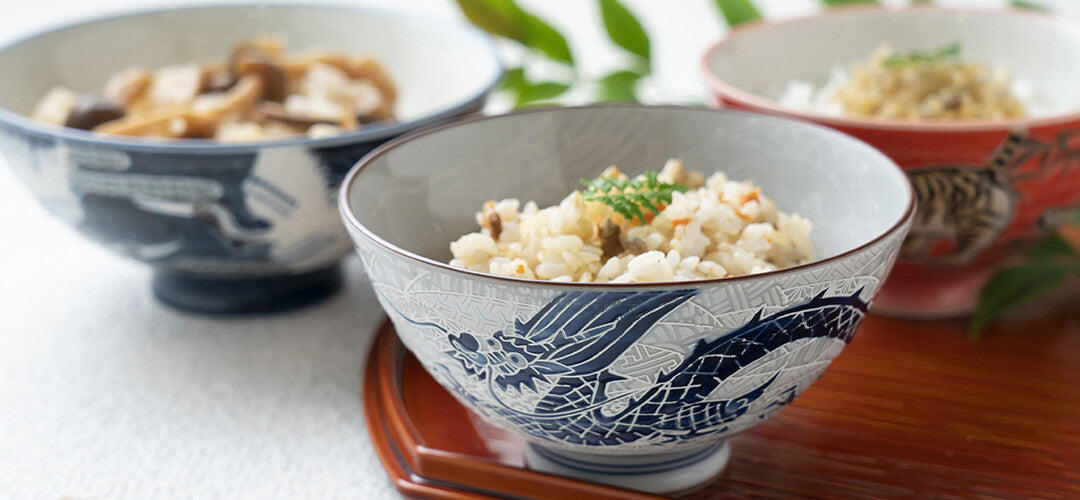 Minoware Crane Rice Bowl Japanese Dinnerware, set view